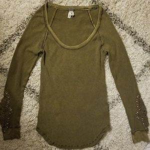 henley with crochet detail on arm